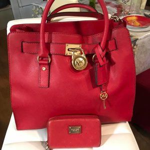 Authentic Micheal Kors Classic Red Lock & Key Hamilton Tote w/ free wallet